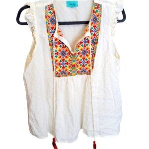 Aruba‎ Blue colorful embroidered boho red tassels sleeveless white top